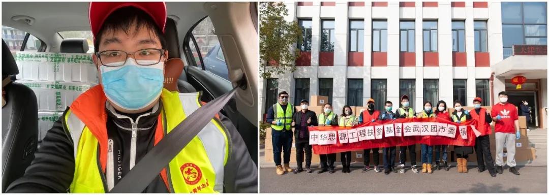 左圖：10輛轎車后座和后備箱堆滿了菜，出發(fā)送給社區(qū)；右圖：各位志愿者協(xié)助接收消毒防護物資